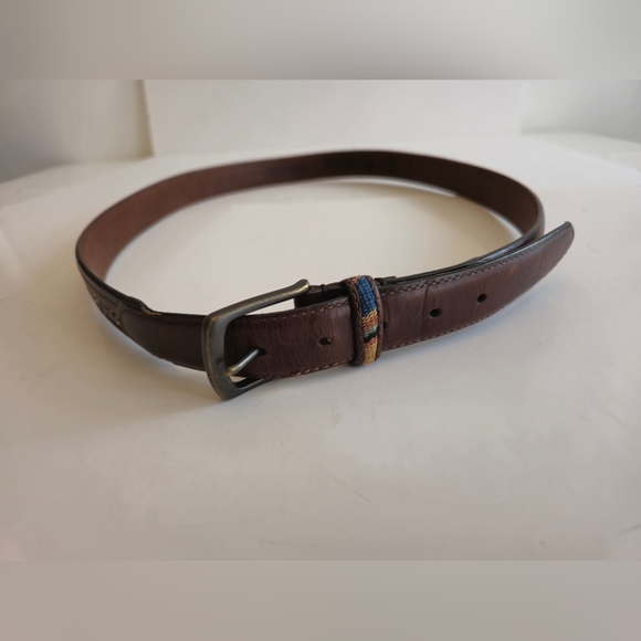 Columbia Other - Columbia Men's Brown Leather Belt Multi Color Cotton Woven  Fabric Size 44